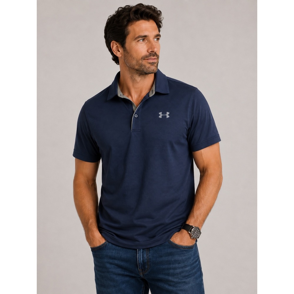 Under Armour Mens Navy Blue HeatGear Loose Fit Micro Stripe Golf Polo Shirt S